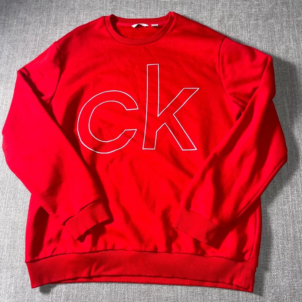 Calvin Klein Sweatshirt Men 2XL Red Prominent CK Logo Fleece Lined Raglan Sleeve